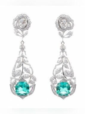 CZ ROSE PAVE SILVER DROP EARRINGS